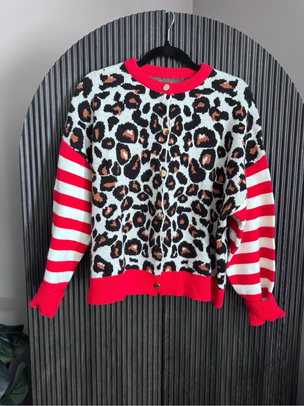 Red Leopard-Print Button Cardigan Sweater